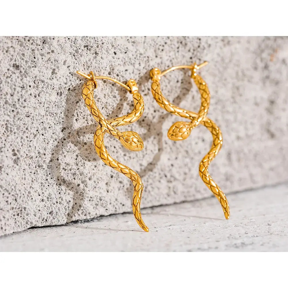 Snake Unusual Hoop Earrings Statement Pvd Gold Color Texture Waterproof 