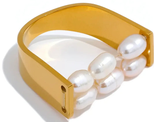 Natural Freshwater Pearl Stainless Steel Gold Color Ring