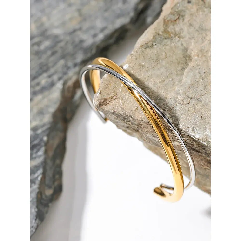 Geometric Stainless Steel Double Color Cuff Bracelet Bangle