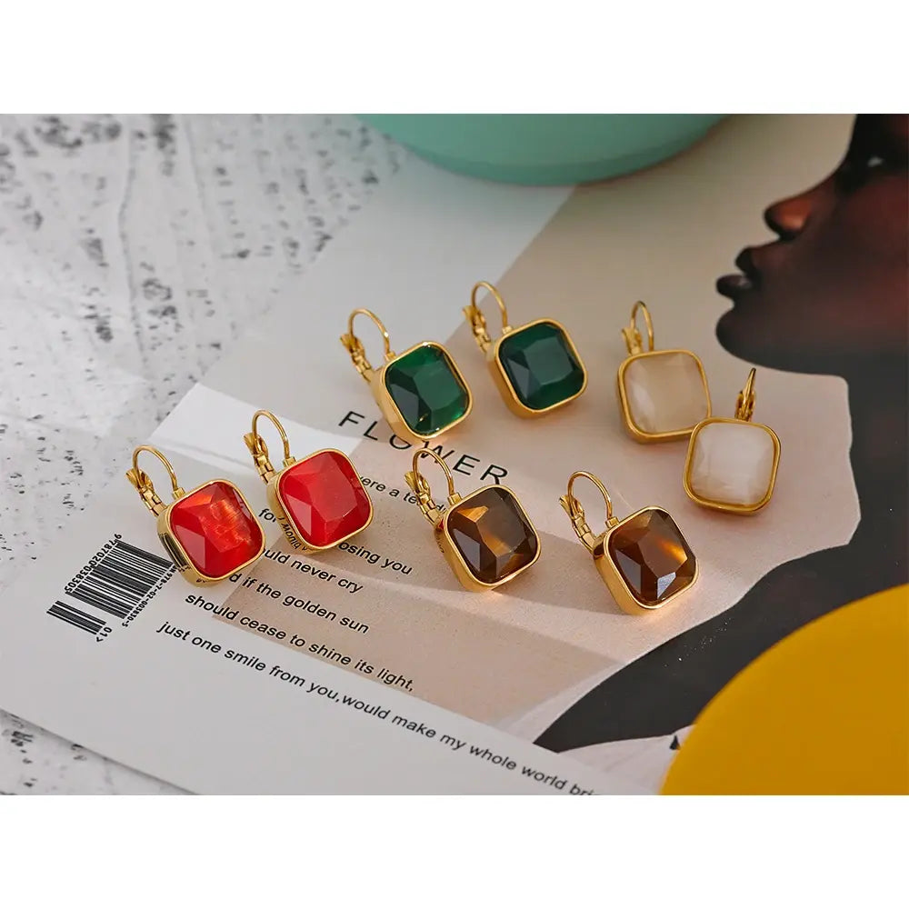  Colorful Vintage Opal Stone Square Charm Earrings