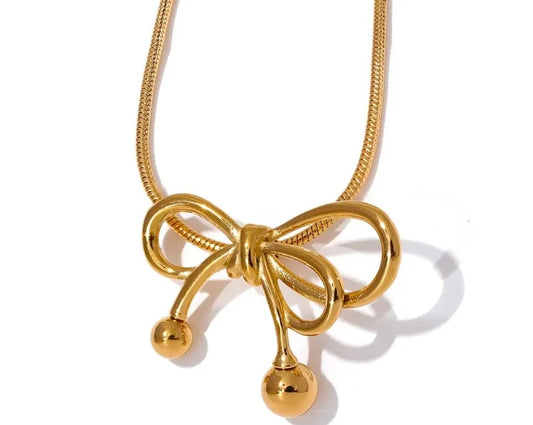 Bow-knot Pendant Gold Color Stainless Steel Women Short Chain Necklace Charm Metal Waterproof 