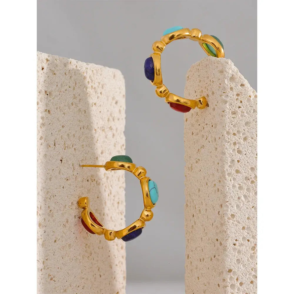  Natural Stone Vintage Colorful Hoop Earrings, PVD 18K Plated