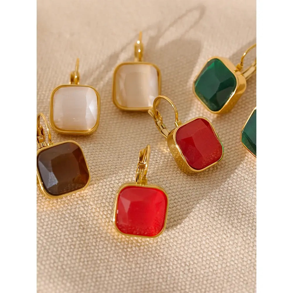  Colorful Vintage Opal Stone Square Charm Earrings