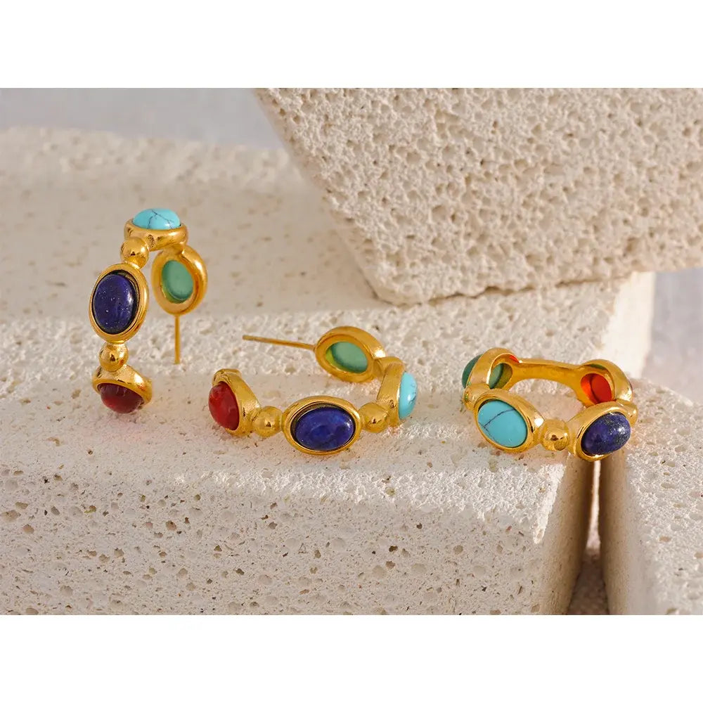  Natural Stone Vintage Colorful Hoop Earrings, PVD 18K Plated