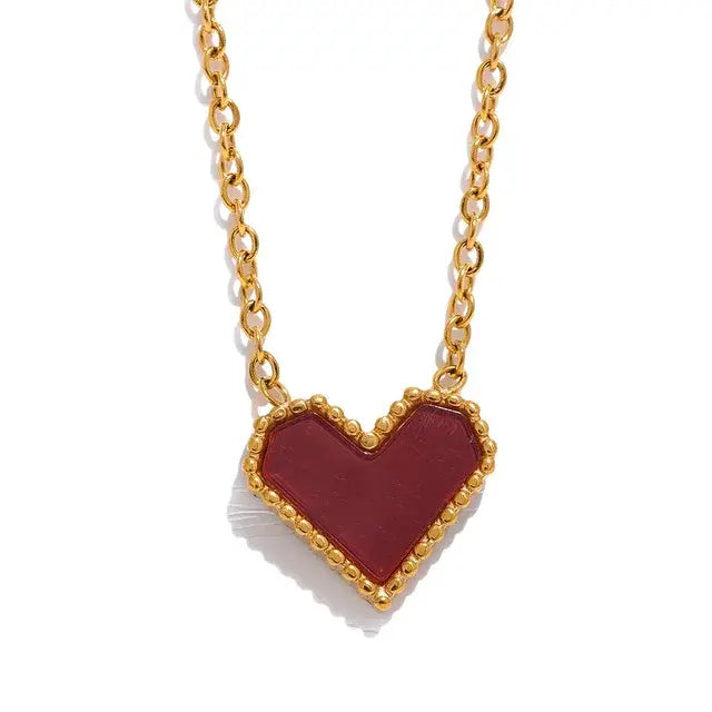 Red Acrylic Heart Pendant Stainless Steel Necklace