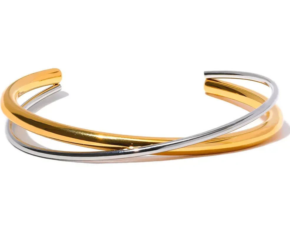 Geometric Stainless Steel Double Color Cuff Bracelet Bangle