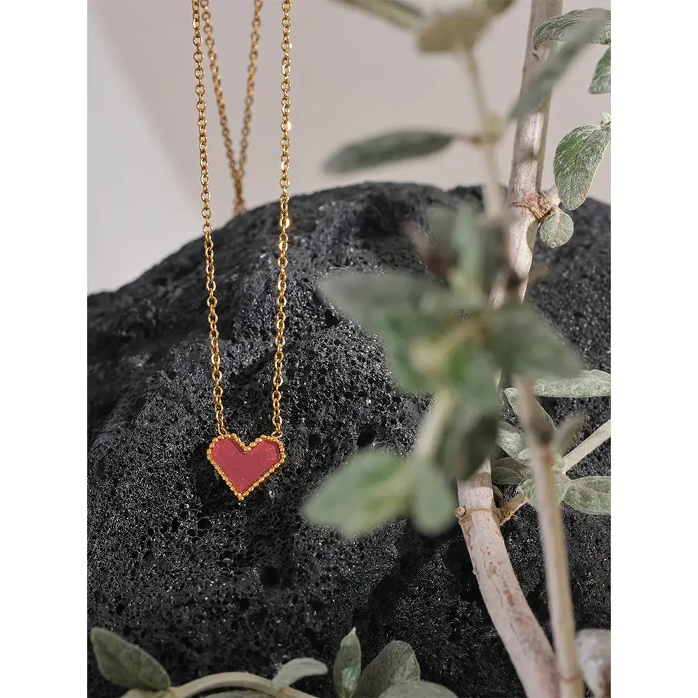 Red Acrylic Heart Pendant Stainless Steel Necklace