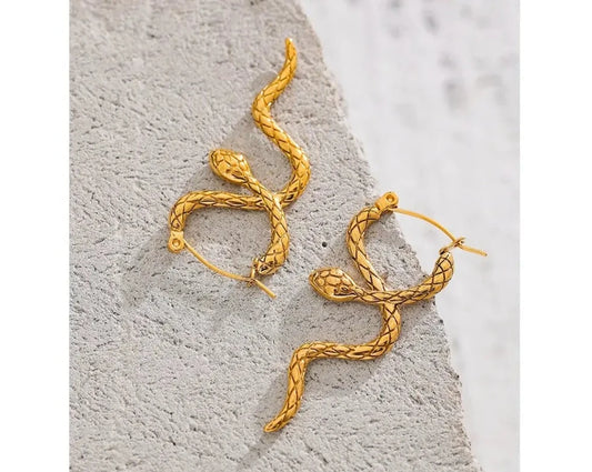 Snake Unusual Hoop Earrings Statement Pvd Gold Color Texture Waterproof 