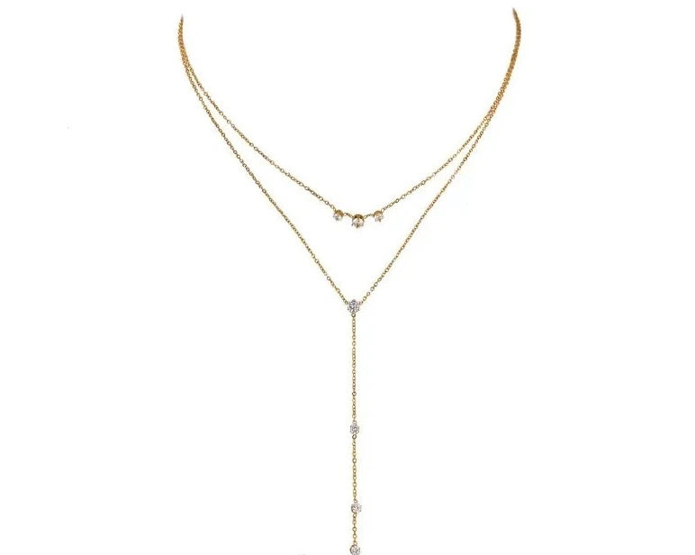 Bling Cubic Zirconia Layered Long Pendant Necklace 