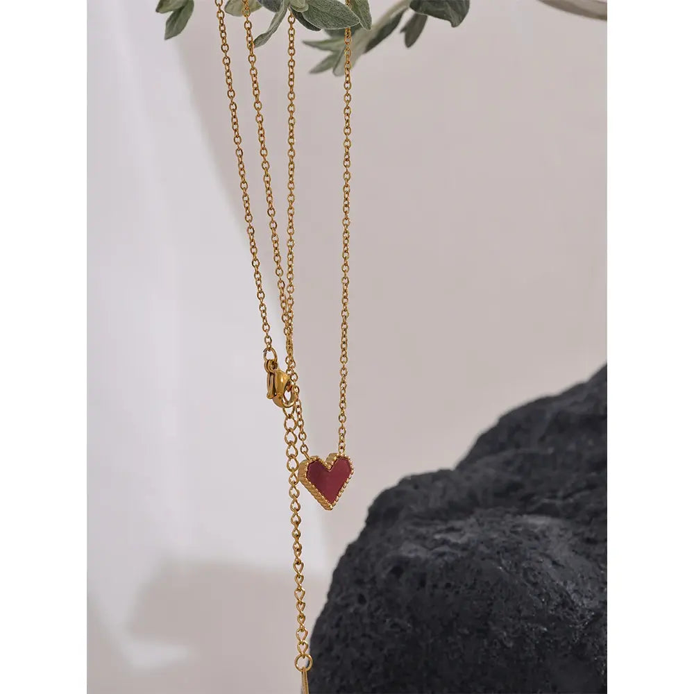 Red Acrylic Heart Pendant Stainless Steel Necklace