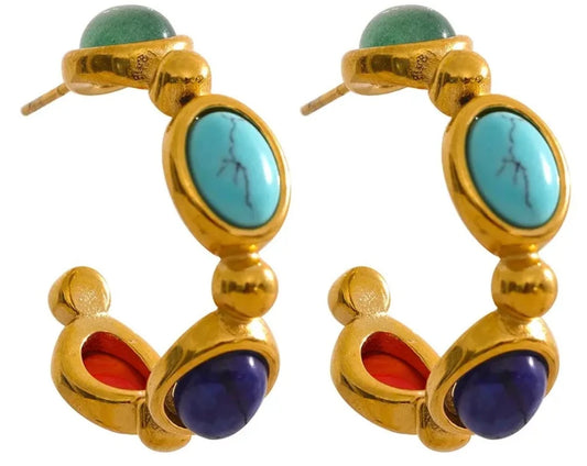  Natural Stone Vintage Colorful Hoop Earrings, PVD 18K Plated